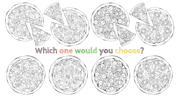 Conjunto de diferentes tipos de vector pizzas. Bosquejo.