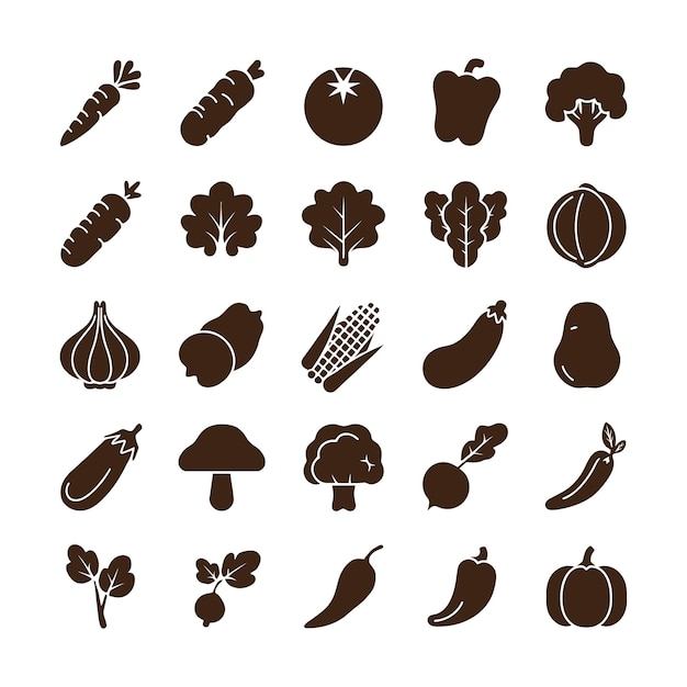 Conjunto de diferentes tipos de verduras conjunto de símbolo silueta vector sobre fondo blanco