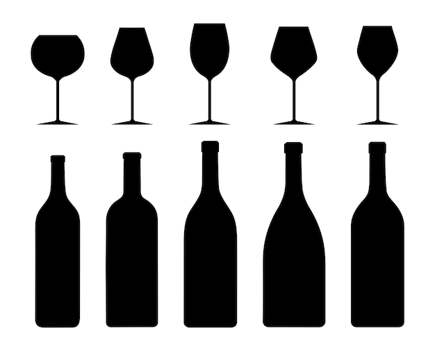 Conjunto de diferentes tipos de vidrio y botella vino fondo blanco Copa de vino blanco y negro vectorial en estilo plano