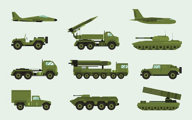 Conjunto de diferentes transportes militares. Colección de equipos modernos: máquina de combate, defensa aérea, automóvil, camión, tanque, vehículos blindados, piezas de artillería. ilustración en estilo plano
