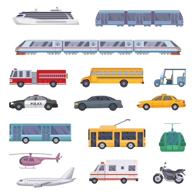 Vector conjunto de diferentes transportes municipales.
