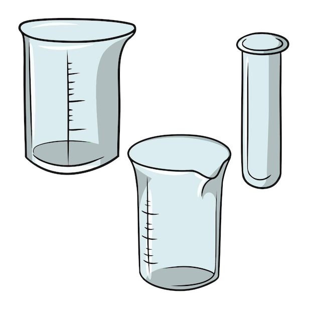 Vector un conjunto de diferentes vasos medidores de vidrio con divisiones ilustración vectorial en estilo de dibujos animados