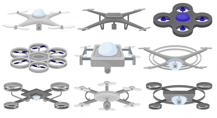 Vector conjunto de diferentes. vehículos aéreos no tripulados. drones voladores. tecnología moderna