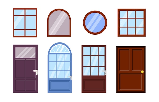 Conjunto de diferentes ventanas y puertas en estilo de dibujos animados Ilustración vectorial de hermosas puertas y ventanas con manijas y cerraduras de diferentes formas aisladas sobre fondo blanco