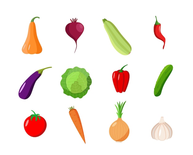 Un conjunto de diferentes verduras. Ilustración de vector de cosecha de otoño estacional.