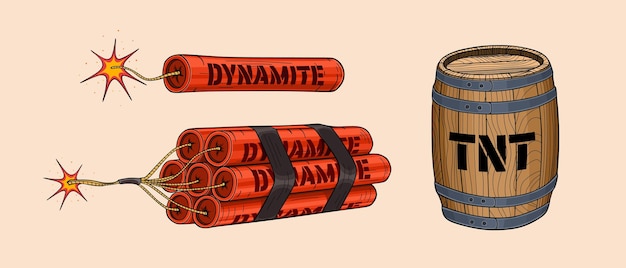 Conjunto de dinamita de estilo antiguo para diseño web. Detonador de dibujos animados y TNT