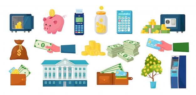Conjunto de dinero y finanzas. Cajero automático, terminal POS, alcancía, caja fuerte electrónica con pila de dólares, monedas de oro. Bóveda de banco, almacenamiento con código de bloqueo. Sistema NFC.