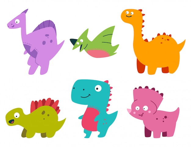 Conjunto de dinosaurio bebé de dibujos animados lindo. vector plano simple prehistóricos animales aislados