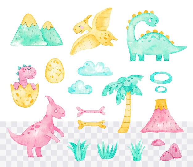 Conjunto de dinosaurio de dibujos animados lindo acuarela pintada a mano