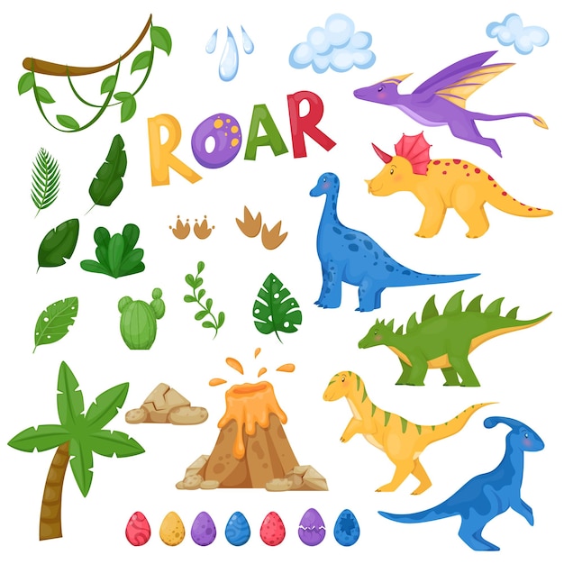 Conjunto de dinosaurios de dibujos animados volcán de huevos verdes