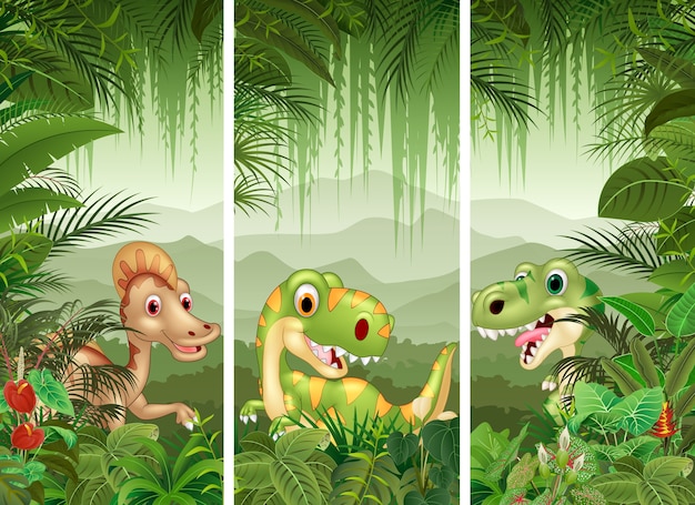 Conjunto de dinosaurios con fondo de bosque tropical