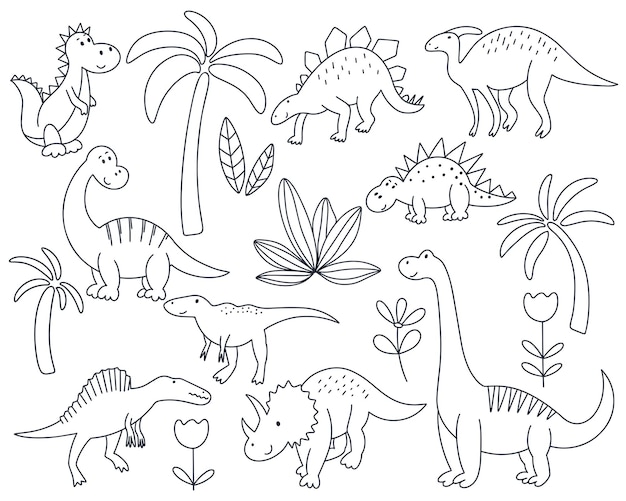 Conjunto de dinosaurios garabatos negros ilustración vectorial