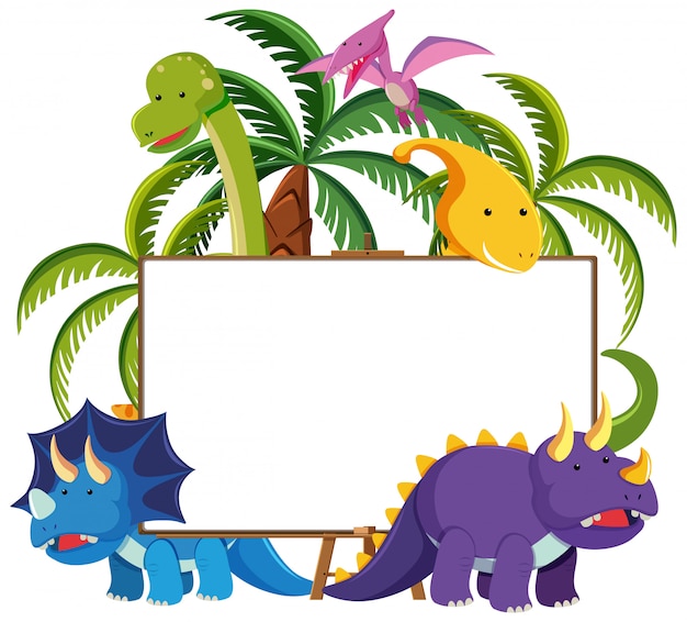 Conjunto de dinosaurios lindos con banner en blanco aislado en fondo blanco