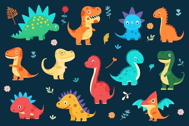 Conjunto de dinosaurios lindos Dibujos animados planos vectoriales