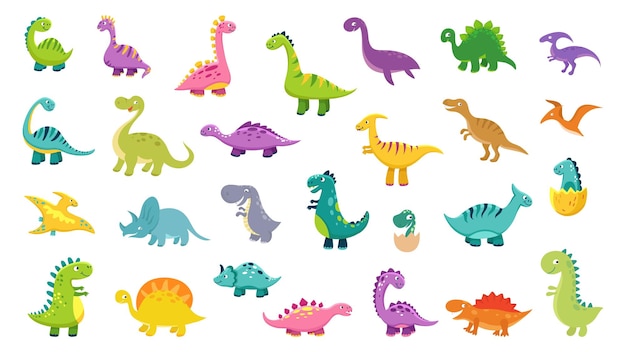 Conjunto de dinosaurios lindos dinosaurios de dibujos animados dinosaurios coloridos personajes aislados tiranosaurio triceratop pterodáctilo colección de vectores de animales prehistóricos divertidos para niños