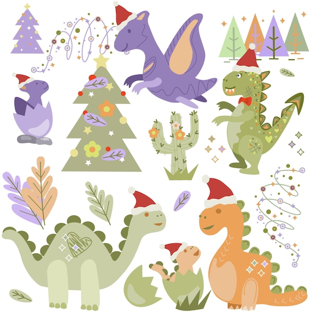 Conjunto de dinosaurios lindos con sombreros de Papá Noel Ilustración vectorial aislada sobre fondo blanco