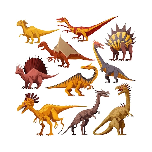 Conjunto de dinosaurios web aislado en el fondo ilustración de vector plano de dibujos animados