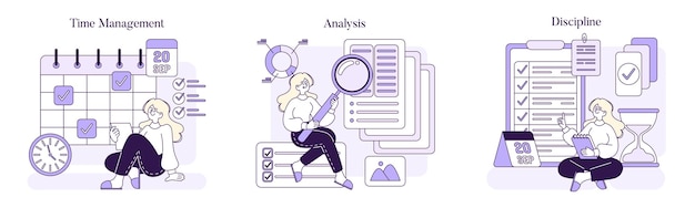 Vector el conjunto de disciplinas de análisis de la gestión del tiempo ilustra el escrutinio meticuloso de los datos de planificación y