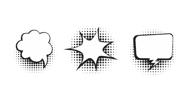 Conjunto de discursos y burbujas de pensamiento en estilo cómic en blanco y negro con efectos de medio tono