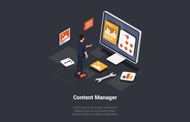 Conjunto de diseñadores de UI y UX que crean un diseño de interfaz web funcional para sitios web y aplicaciones móviles Administrador de contenido que produce y completa contenido en una computadora Ilustración de vectores de dibujos animados 3D isométricos