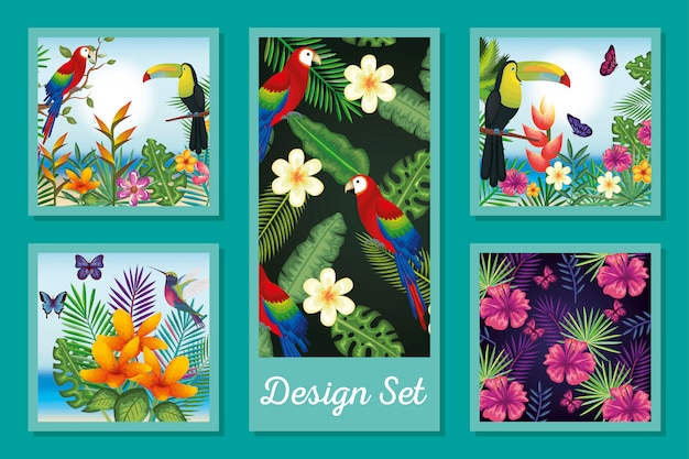 Conjunto de diseño de animales con flores y hojas tropicales