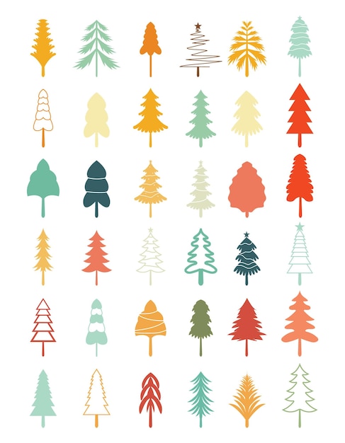 conjunto de diseño de árbol de navidad de decoración con regalos y estrellas en la víspera de navidad.