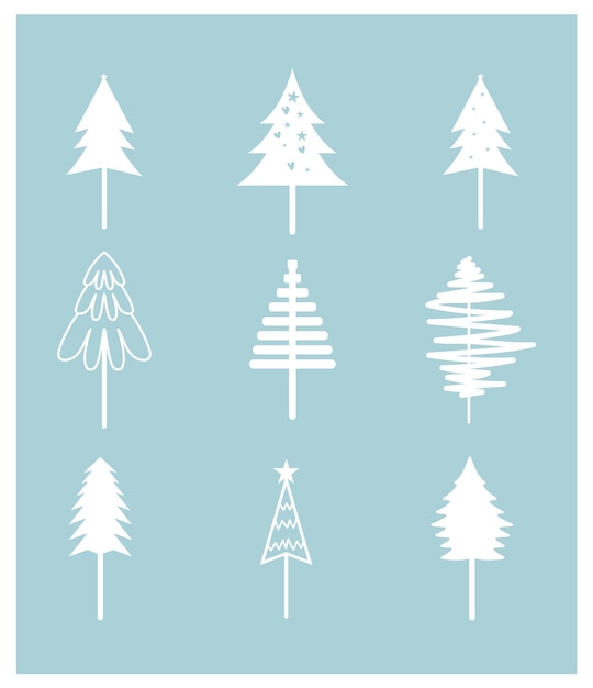 conjunto de diseño de árbol de navidad de decoración con regalos y estrellas en la víspera de navidad.