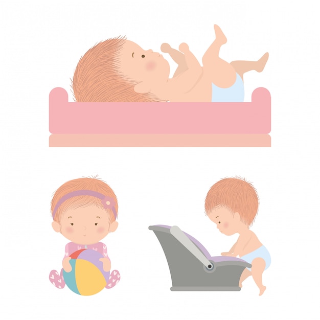 Conjunto de diseño de bebés lindos, inocencia infantil recién nacido niño y poco tema ilustración vectorial