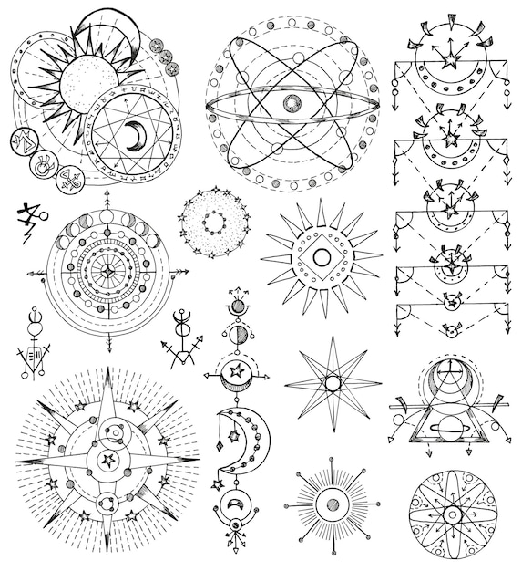 Conjunto de diseño en blanco y negro con símbolos místicos de fantasía y signos del sol y la luna aislados en blanco