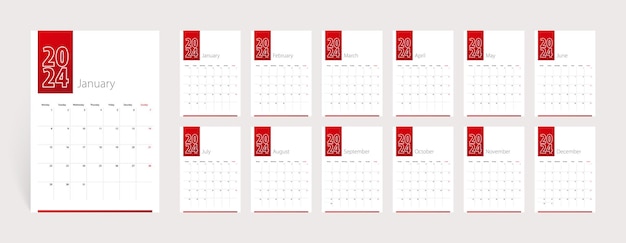 Vector conjunto de diseño de calendario 2024 de 12 meses la semana comienza el lunes plantilla de calendario vertical