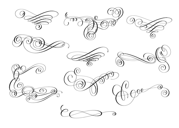 Vector conjunto de diseño caligráfico escrito a mano de decoración ornamentada en espiral