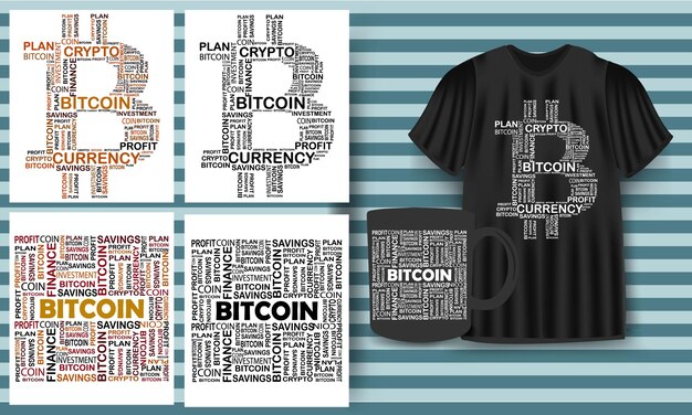 conjunto de diseño de camiseta de nube mundial bitcoin