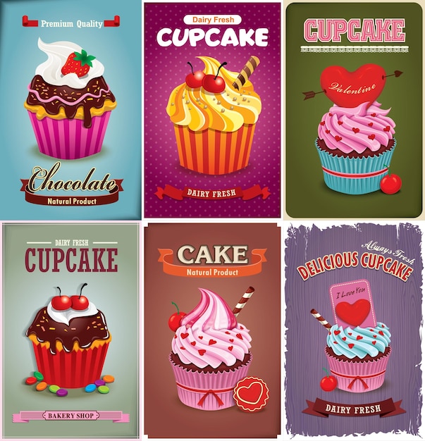 Conjunto de diseño de cartel de cupcake vintage