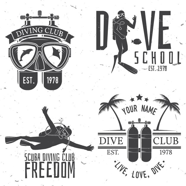 Conjunto de diseño del club de buceo y de la escuela de buqueo