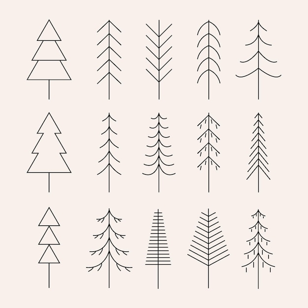 Conjunto de diseño creativo de icono de árbol de pino de arte de línea mínima