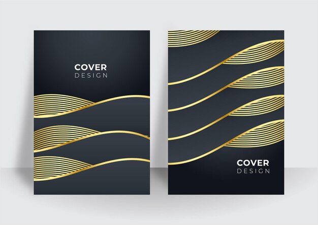 Conjunto de diseño de cubierta negra moderna. Patrón de línea dinámica de oro creativo de lujo. Fondo de vector premium formal para folleto comercial, cartel, cuaderno, plantilla de menú