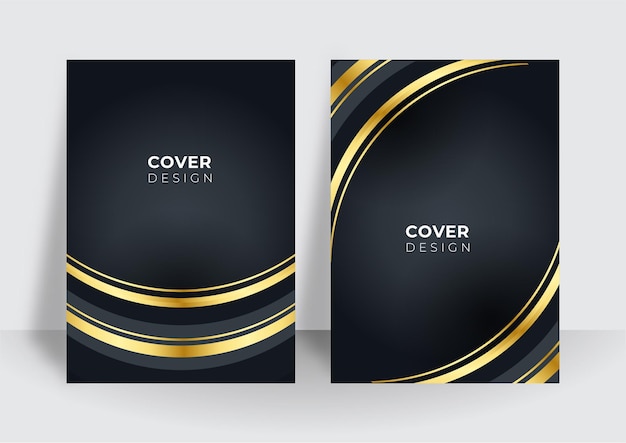 Conjunto de diseño de cubierta negra moderna. Patrón de línea dinámica de oro creativo de lujo. Fondo de vector premium formal para folleto comercial, cartel, cuaderno, plantilla de menú