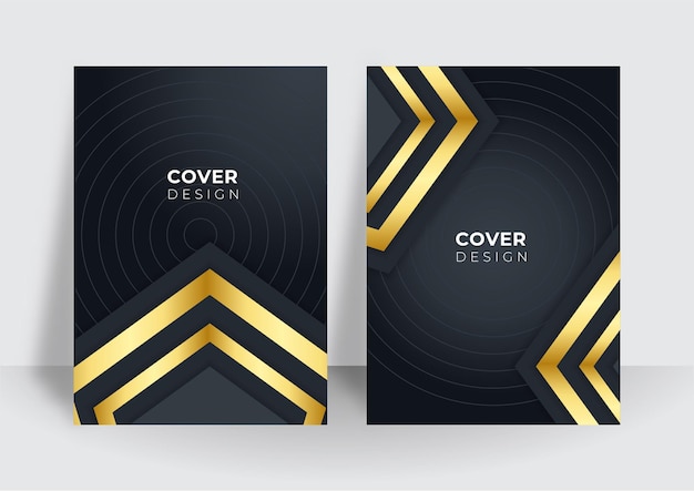 Conjunto de diseño de cubierta negra moderna. patrón de línea dinámica de oro creativo de lujo. fondo de vector premium formal para folleto comercial, cartel, cuaderno, plantilla de menú