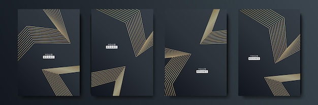 Conjunto de diseño de cubierta negra moderna. Patrón de líneas creativas de lujo en colores premium: negro, dorado y blanco. Vector formal para portada de cuaderno, cartel de negocios, plantilla de folleto, diseño de revista