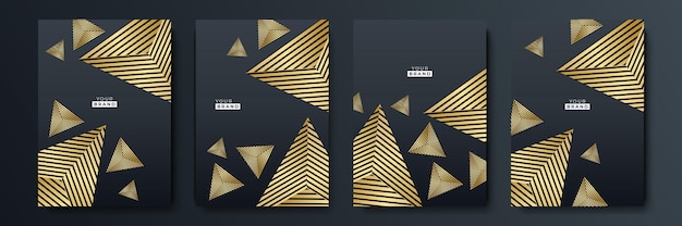 Conjunto de diseño de cubierta negra moderna. Patrón de líneas creativas de lujo en colores premium: negro, dorado y blanco. Vector formal para portada de cuaderno, cartel de negocios, plantilla de folleto, diseño de revista