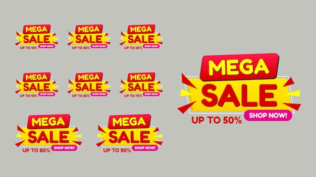 Conjunto de diseño de etiquetas de descuento de mega venta con 10, 20, 30, 40, 50, 60, 70, 80, 90 por ciento de descuento en vectores EPS