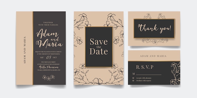 Conjunto de diseño floral moderno dibujado a mano diseño de invitación de boda de lujo o plantillas de tarjetas para boda o moda o saludo con textura de flor de ORO en un paquete de fondo elegante de color CREMA