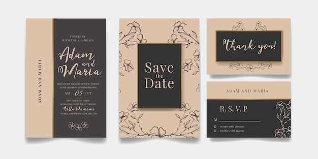 Vector conjunto de diseño floral moderno dibujado a mano diseño de invitación de boda de lujo o plantillas de tarjetas para boda o moda o saludo con textura de flor de oro en un paquete de fondo elegante de color crema