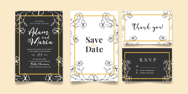 Conjunto de diseño floral moderno dibujado a mano diseño de invitación de boda de lujo o plantillas de tarjetas para boda o moda o saludo con textura de flor de ORO en un paquete de fondo elegante de color CREMA