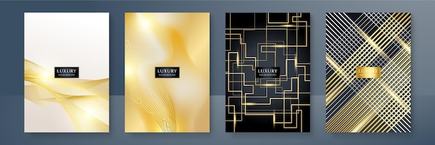 Conjunto de diseño de fondo de cubierta de tecnología Curvas de onda de patrón de línea de lujo en negro dorado premium Telón de fondo de tecnología vectorial para diseño de negocio certificado digital red de plantilla de folleto formal