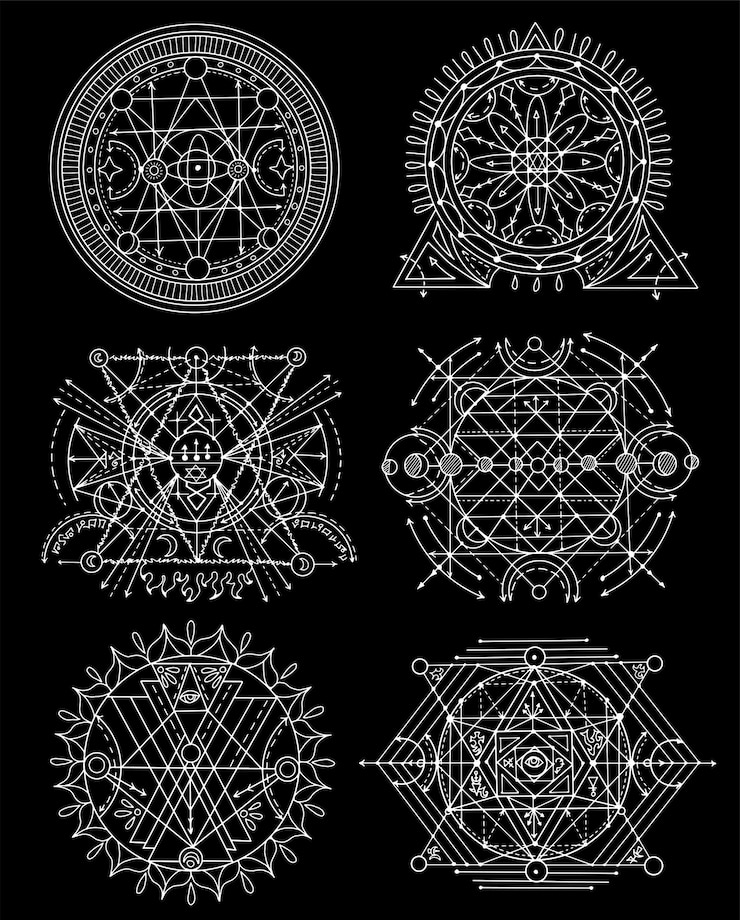Vector conjunto de diseño con formas y patrones de elementos de geometría sagrada.