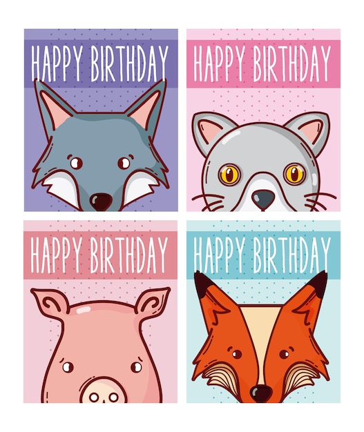 Conjunto de diseño gráfico del ejemplo del vector de la colección de las tarjetas de los animales del feliz cumpleaños
