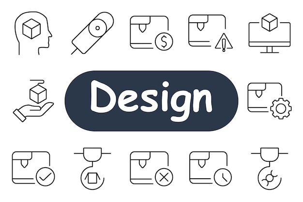 Conjunto de diseño icono cubo 3D pensamiento creativo monitor marco de alambre engranajes de error gestión de diseño iconos para procesos creativos de diseño digital y 3D y software