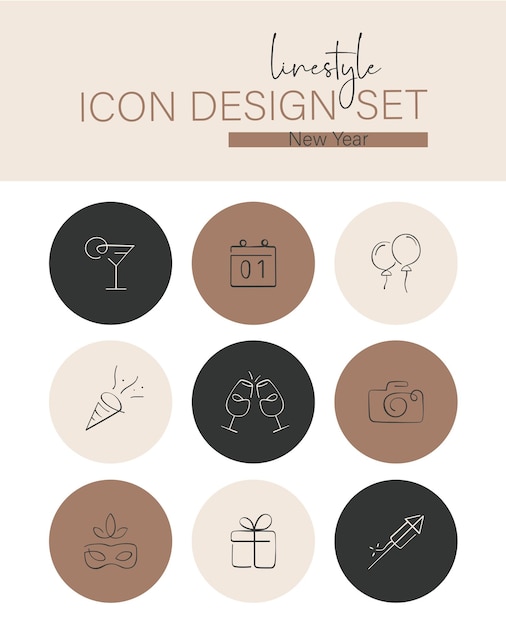 Vector conjunto de diseño de iconos de estilo de línea para año nuevo