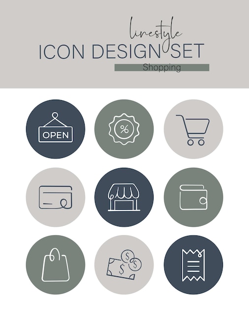 Conjunto de diseño de iconos de estilo de línea Compras